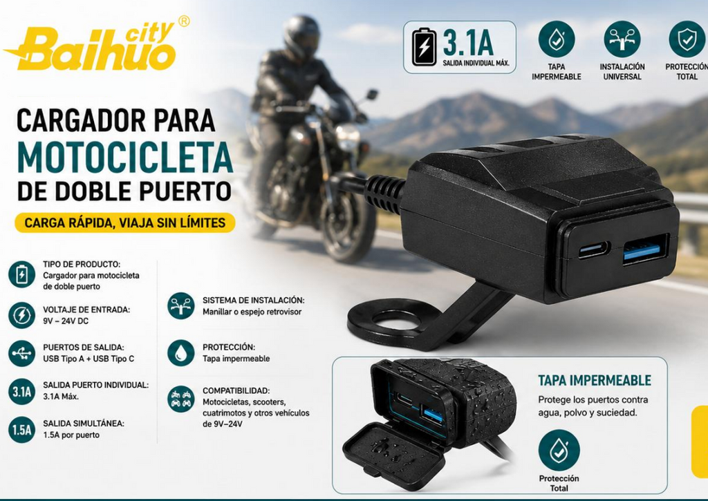 Cargador Para Motocicleta Baihuo City Con Puerto USB Y Tipo C MY-7808