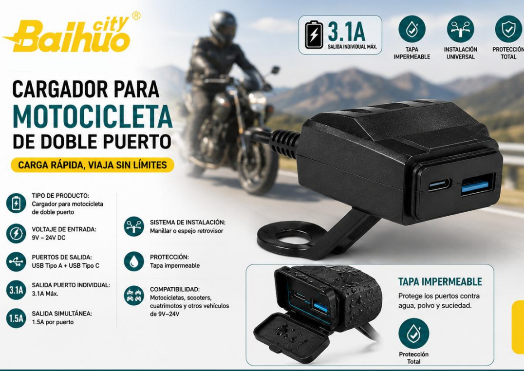 Cargador Para Motocicleta Baihuo City Con Puerto USB Y Tipo C MY-7808