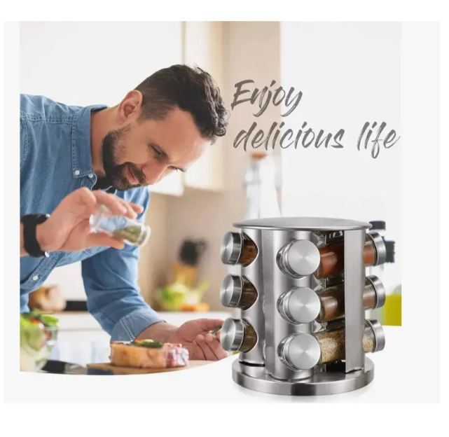 Set Especiero Condimentero En Vidrio X12 Frascos Base Giratoria