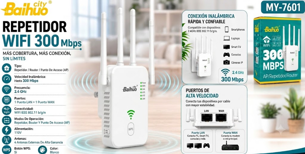 Repetidor WiFi 300Mbps Con 4 Antenas Y Modo Router Baihuo City MY-7601