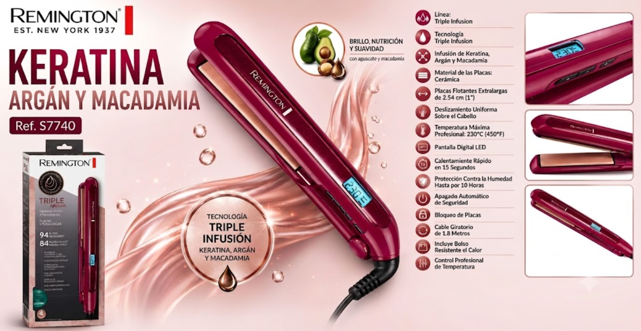 Plancha Alisadora Remington Triple Infusión Con Keratina Argán Y Macadamia S7740
