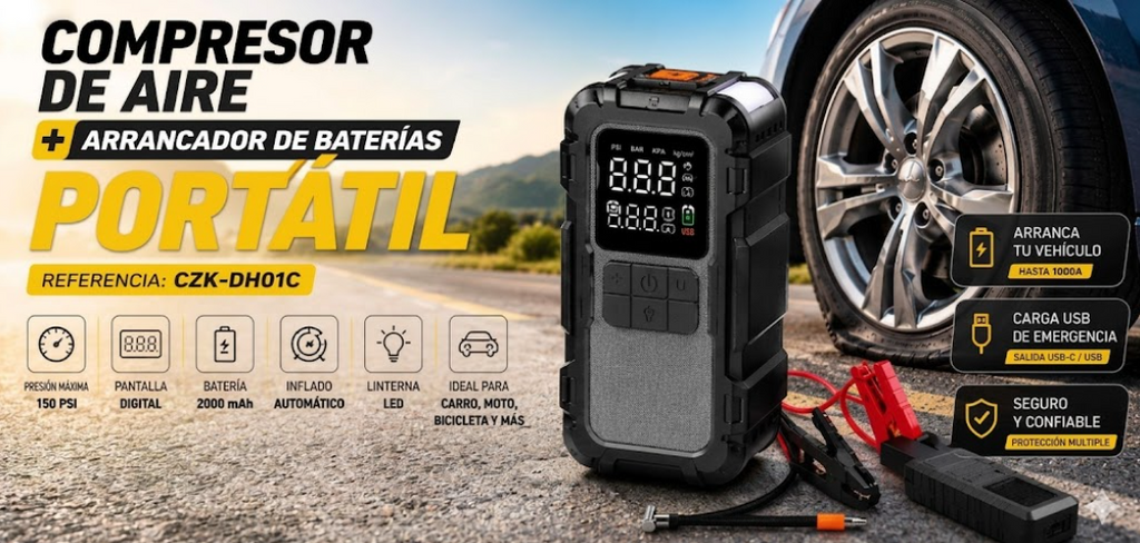 Arrancador De Batería 12V Con Compresor De Aire Y Power Bank Para Vehículos CZK-DH01C