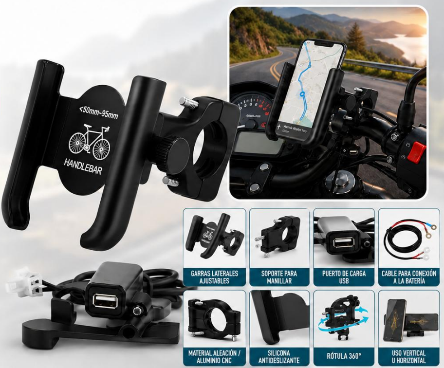 Soporte Para Moto En Aluminio Con Puerto USB Y Rotación 360° MY-7130