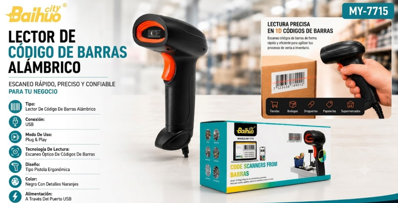 Pistola Lector De Código De Barras USB Plug & Play Baihuo City MY-7715