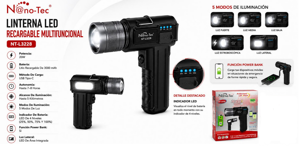 Linterna LED Recargable Nano-Tec 20W Con Power Bank Alcance De Hasta 5 Km NT-L3228