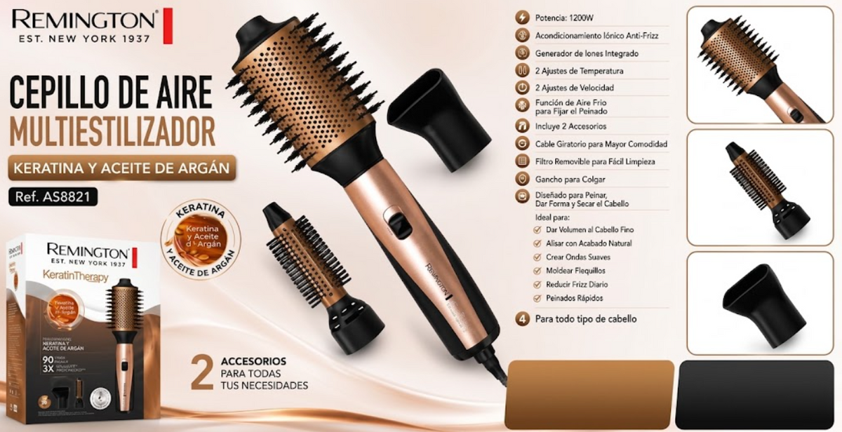 Cepillo Y Multiestilizador Remington Keratina Y Aceite De Argán AS8821-110F