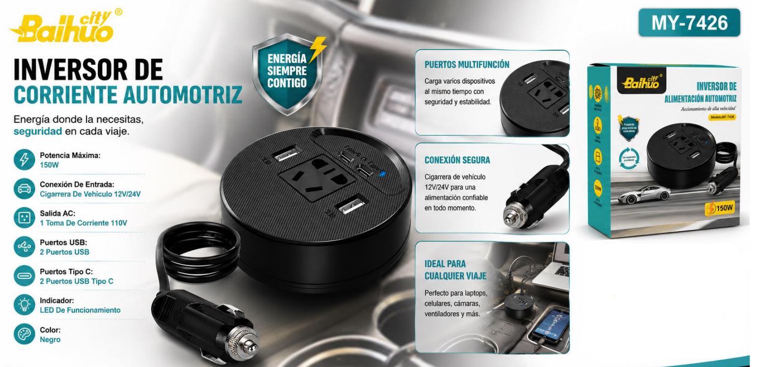 Inversor De Corriente Automotriz 150W Con USB Y Tipo C Baihuo City MY-7426