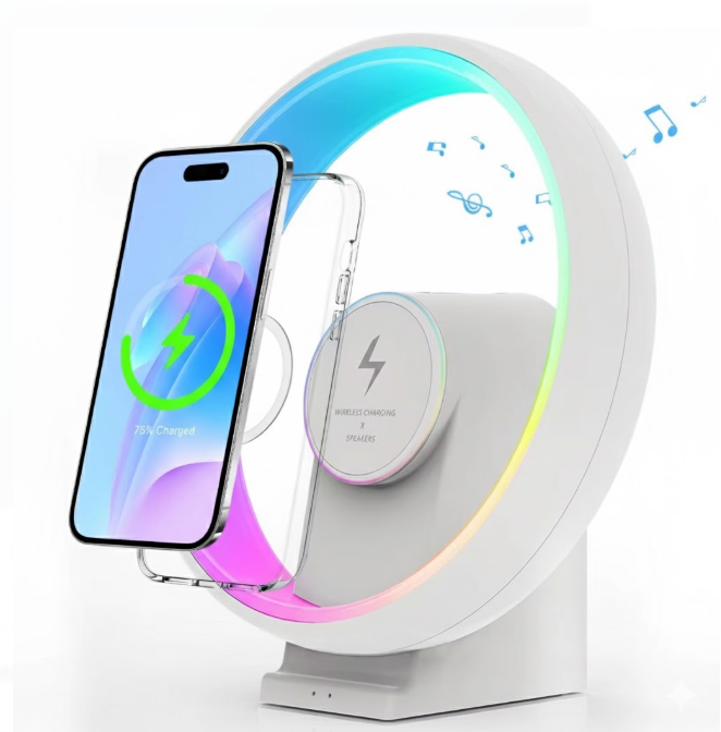 Lámpara Led Con Parlante, Reloj Despertador Y Cargador Inalámbrico De 15W PX-02