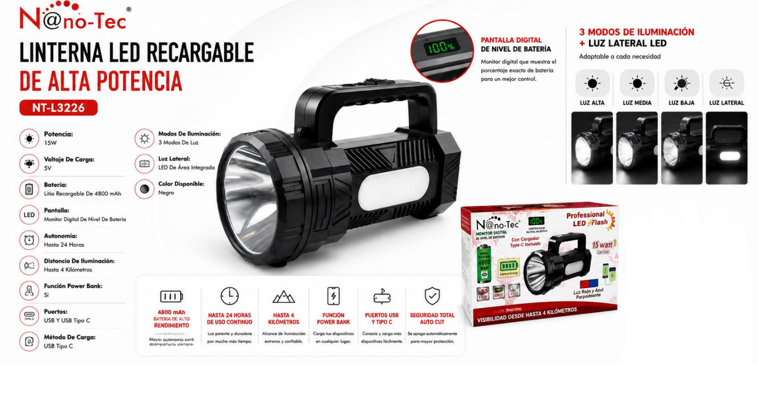 Linterna LED Recargable Nano-Tec, Pantalla Digital Alcance De4 Km NT-L3226