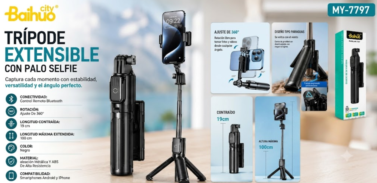 Trípode Palo Selfie Bluetooth Extensible Con Rotación 360° Baihuo City MY-7797