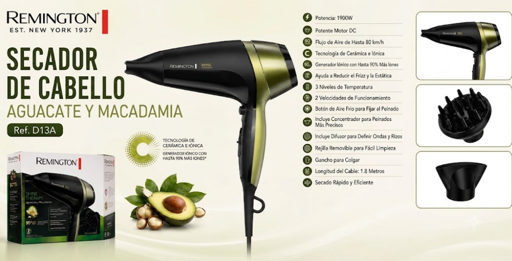 Secador De Cabello Remington Shine Therapy 1900W Con Tecnología Iónica D13A