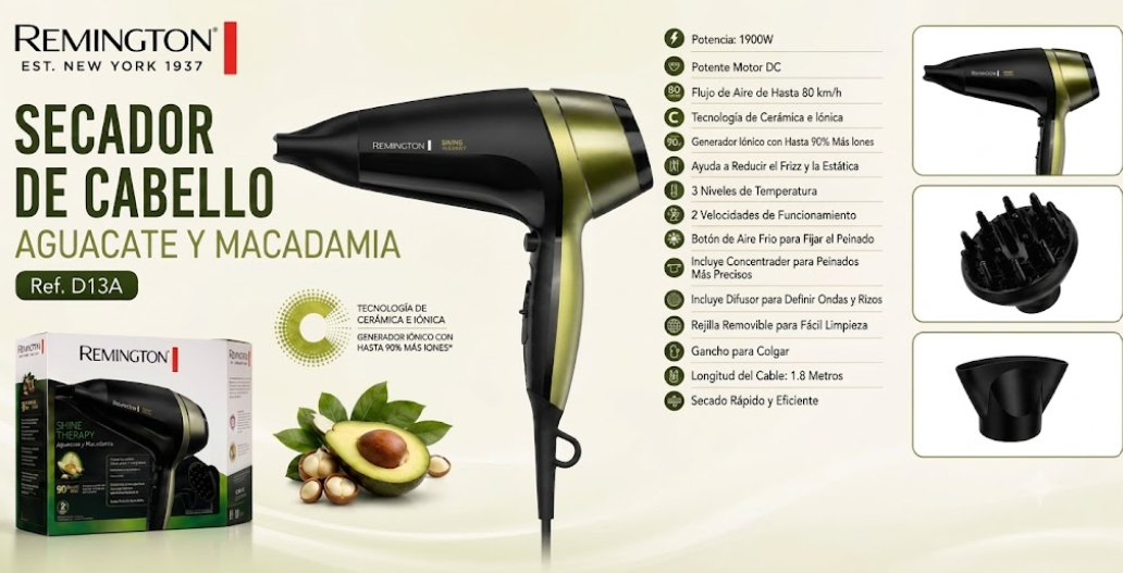 Secador De Cabello Remington Shine Therapy 1900W Con Tecnología Iónica D13A