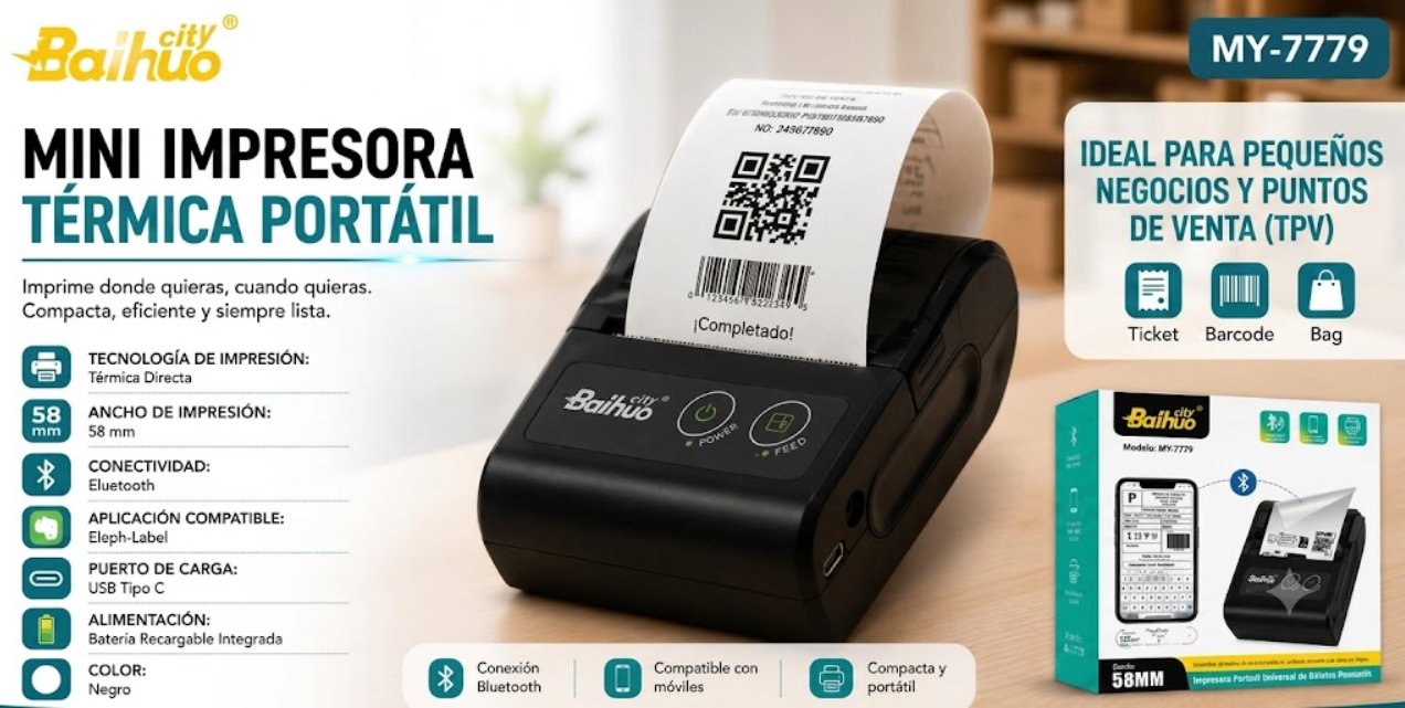 Mini Impresora Térmica Bluetooth Portátil Para Etiquetas Y Recibos Baihuo City MY-7779