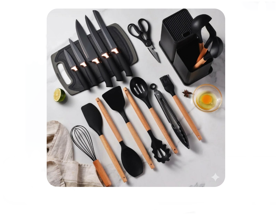Set Utensilios Cocina En Silicona Y Juegos De Cuchillos 19Pc