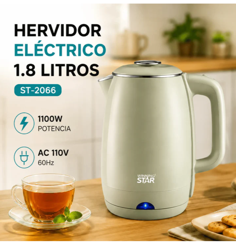 Hervidor Eléctrico Winning Star 1.8L 1100W Con Base Giratoria 360° ST-2066