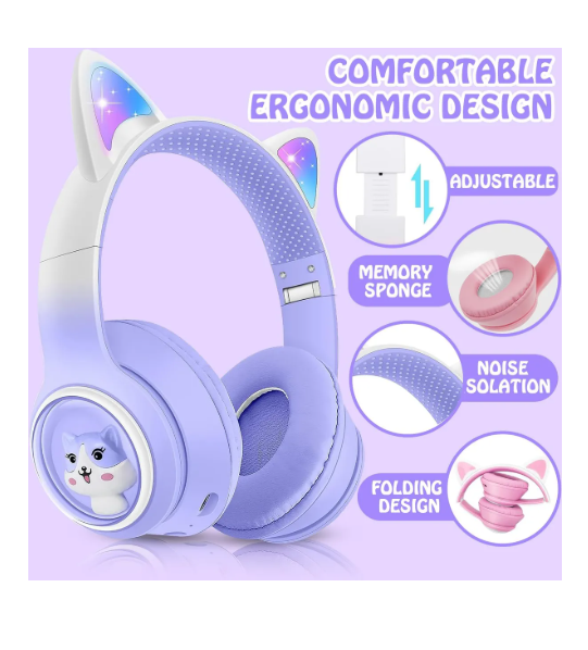 Audífonos Diadema Inalámbricos Led Con Diseño De Gato AKZ02