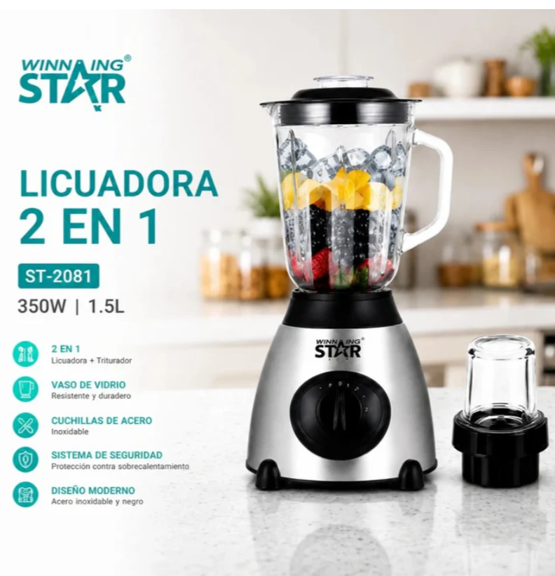 Licuadora 2 En 1 Winning Star 1.5L Con Triturador Y Vaso De Vidrio ST-2081