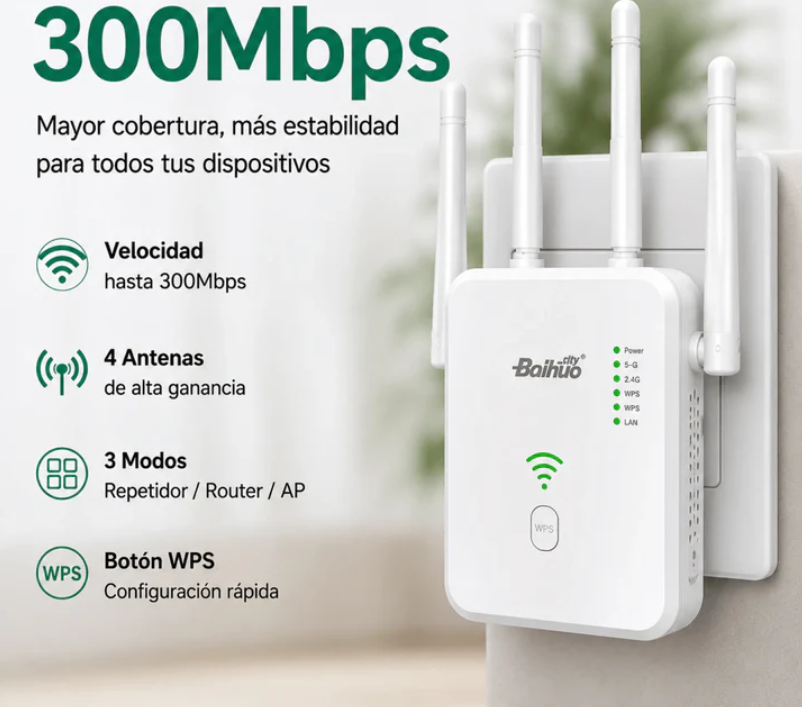 Repetidor WiFi 300Mbps Con 4 Antenas Y Modo Router Baihuo City MY-7601