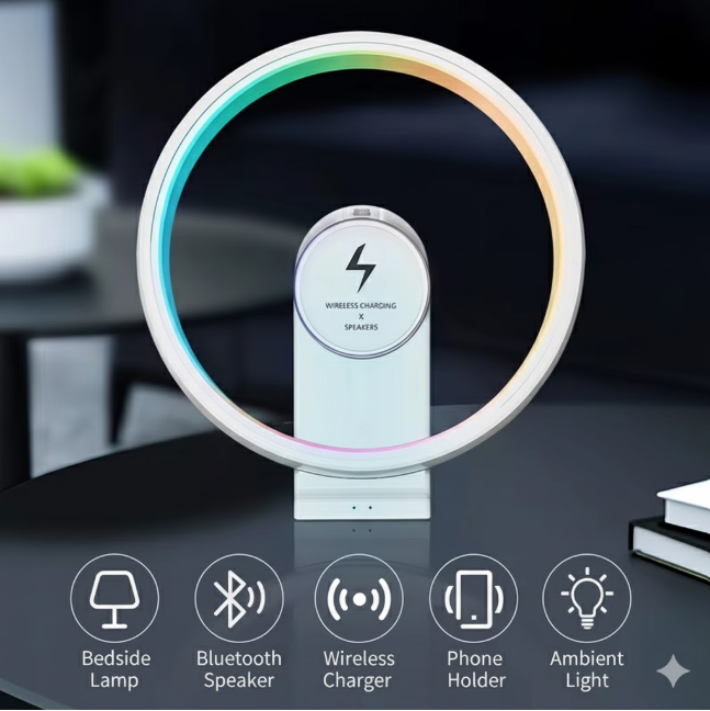 Lámpara Led Con Parlante, Reloj Despertador Y Cargador Inalámbrico De 15W PX-02