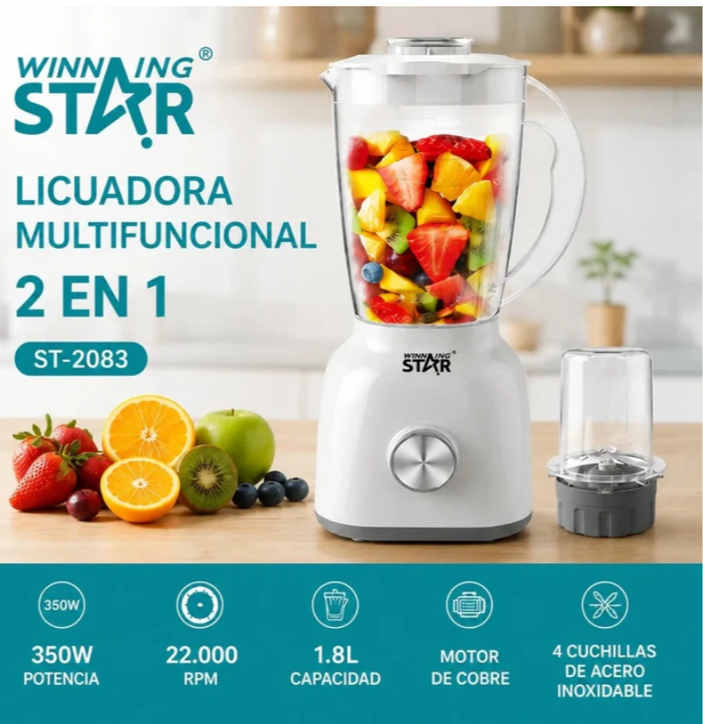 Licuadora Multifuncional 2 En 1 Winning Star 1.8L Con Triturador ST-2083
