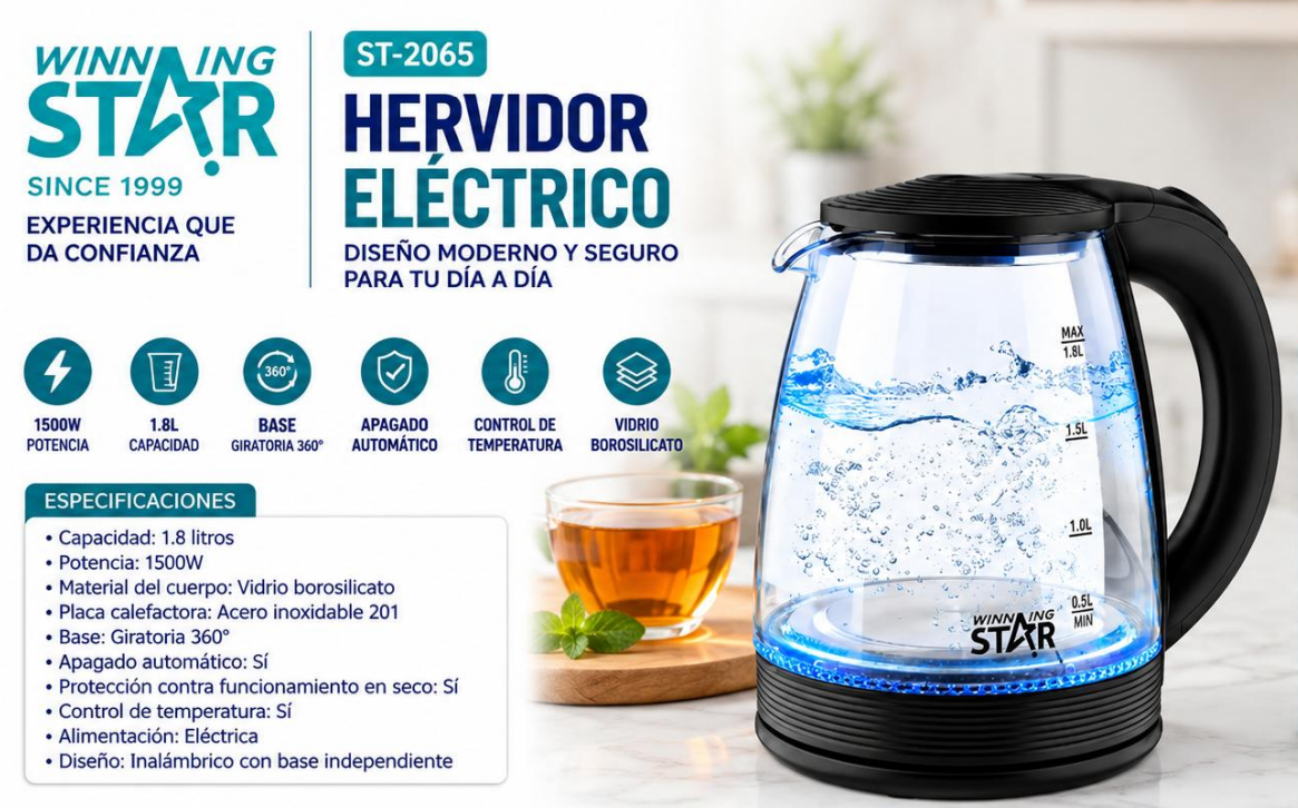 Hervidor Eléctrico En Vidrio Winning Star ST-2065