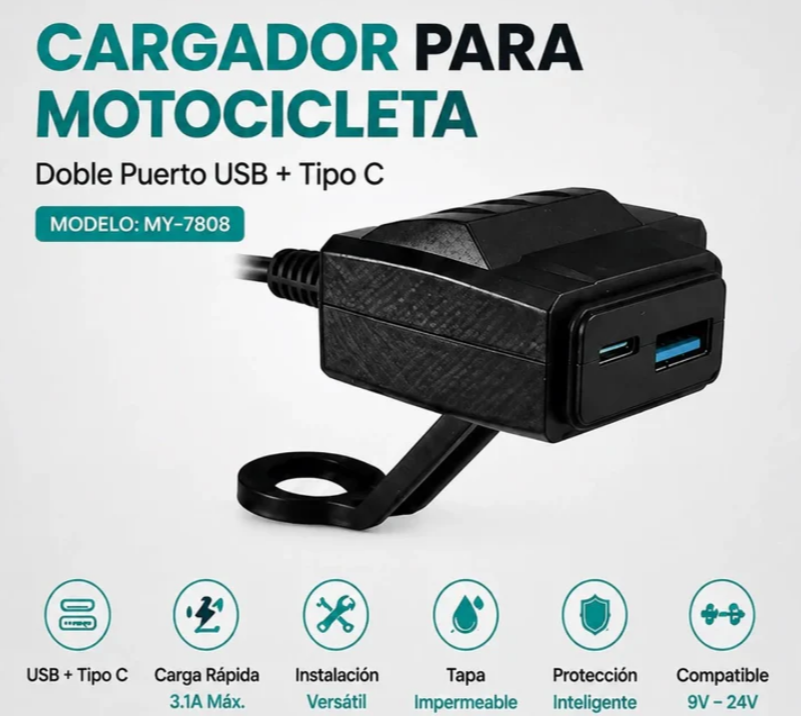 Cargador Para Motocicleta Baihuo City Con Puerto USB Y Tipo C MY-7808
