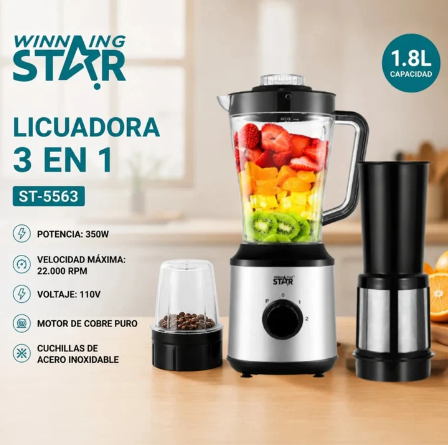 Licuadora 3 En 1 Winning Star 1.8L Con Exprimidor Y Triturador ST-5563