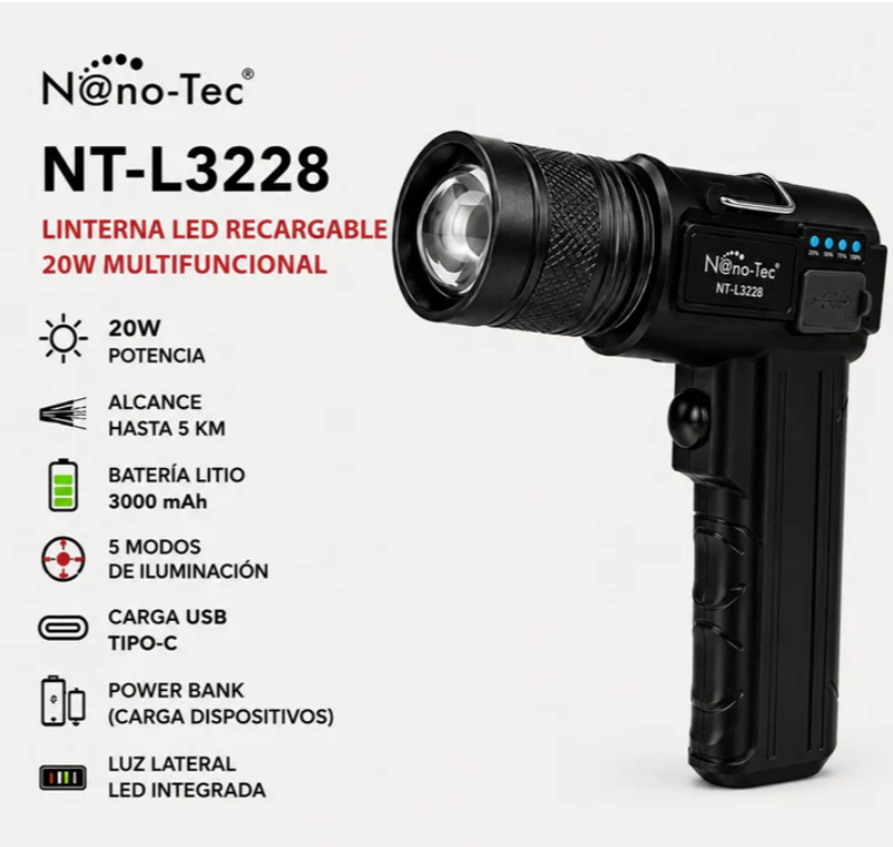 Linterna LED Recargable Nano-Tec 20W Con Power Bank Alcance De Hasta 5 Km NT-L3228