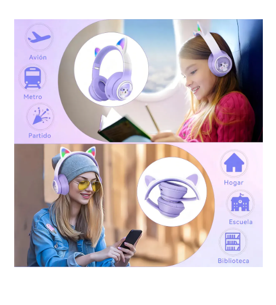 Audífonos Diadema Inalámbricos Led Con Diseño De Gato AKZ02