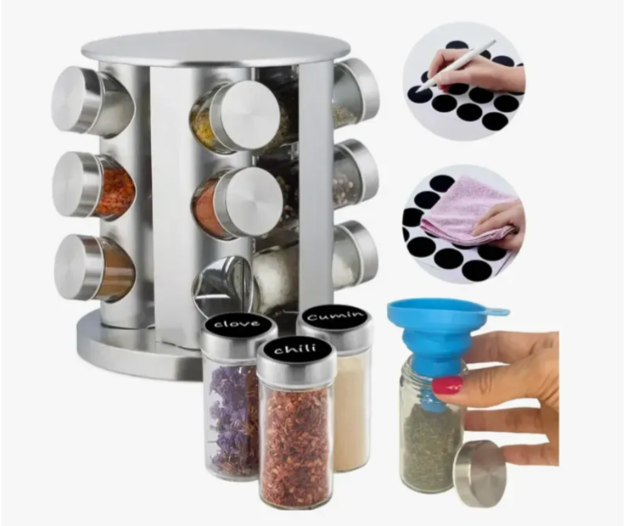 Set Especiero Condimentero En Vidrio X12 Frascos Base Giratoria
