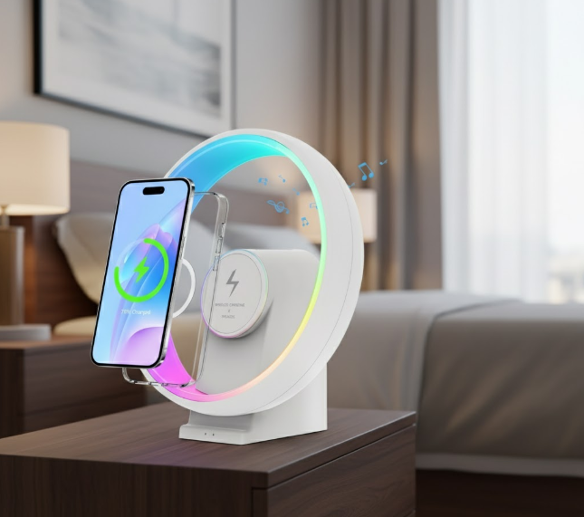 Lámpara Led Con Parlante, Reloj Despertador Y Cargador Inalámbrico De 15W PX-02
