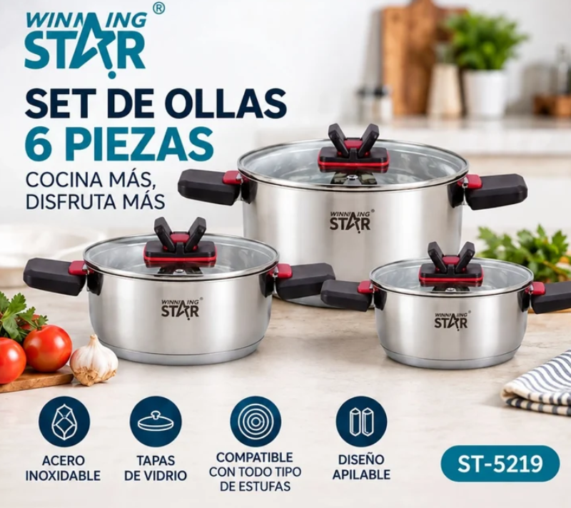 Set De Ollas 6 Piezas En Acero Inoxidable Winning Star ST-5219