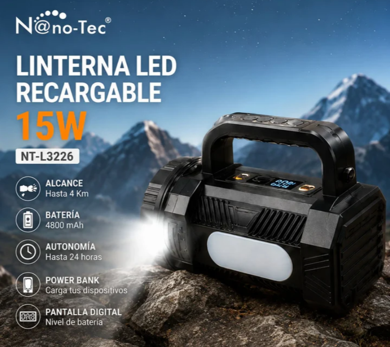 Linterna LED Recargable Nano-Tec, Pantalla Digital Alcance De4 Km NT-L3226