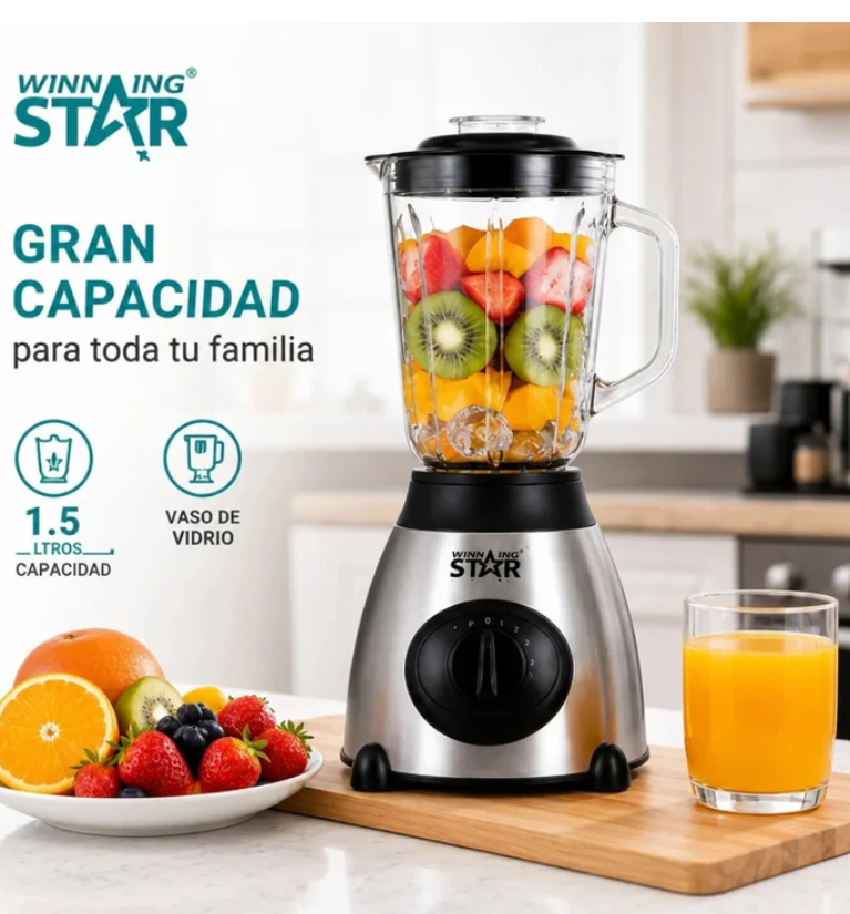 Licuadora 2 En 1 Winning Star 1.5L Con Triturador Y Vaso De Vidrio ST-2081