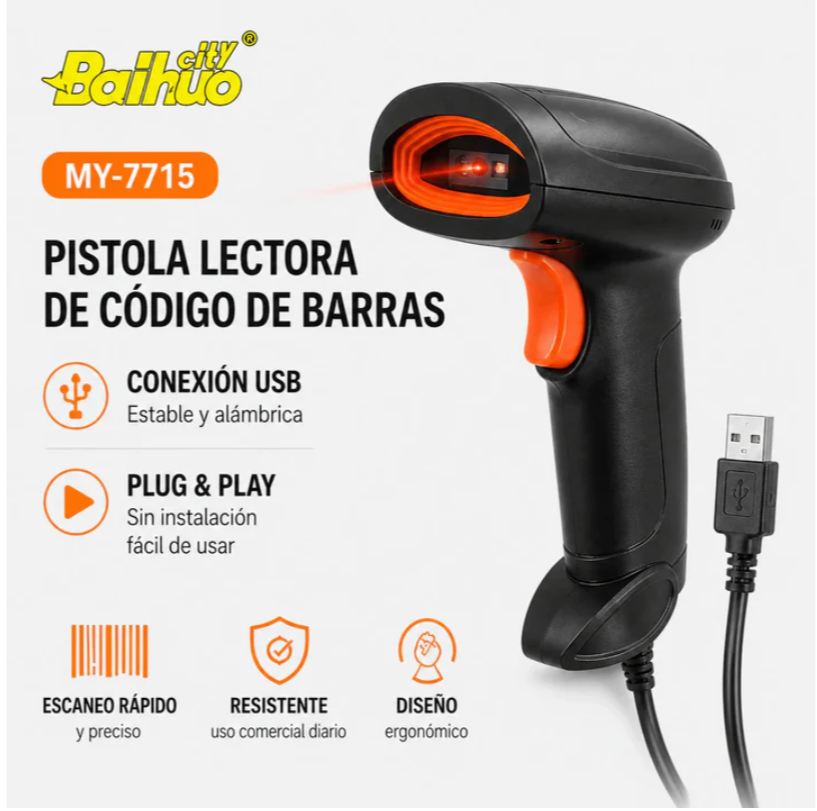 Pistola Lector De Código De Barras USB Plug & Play Baihuo City MY-7715