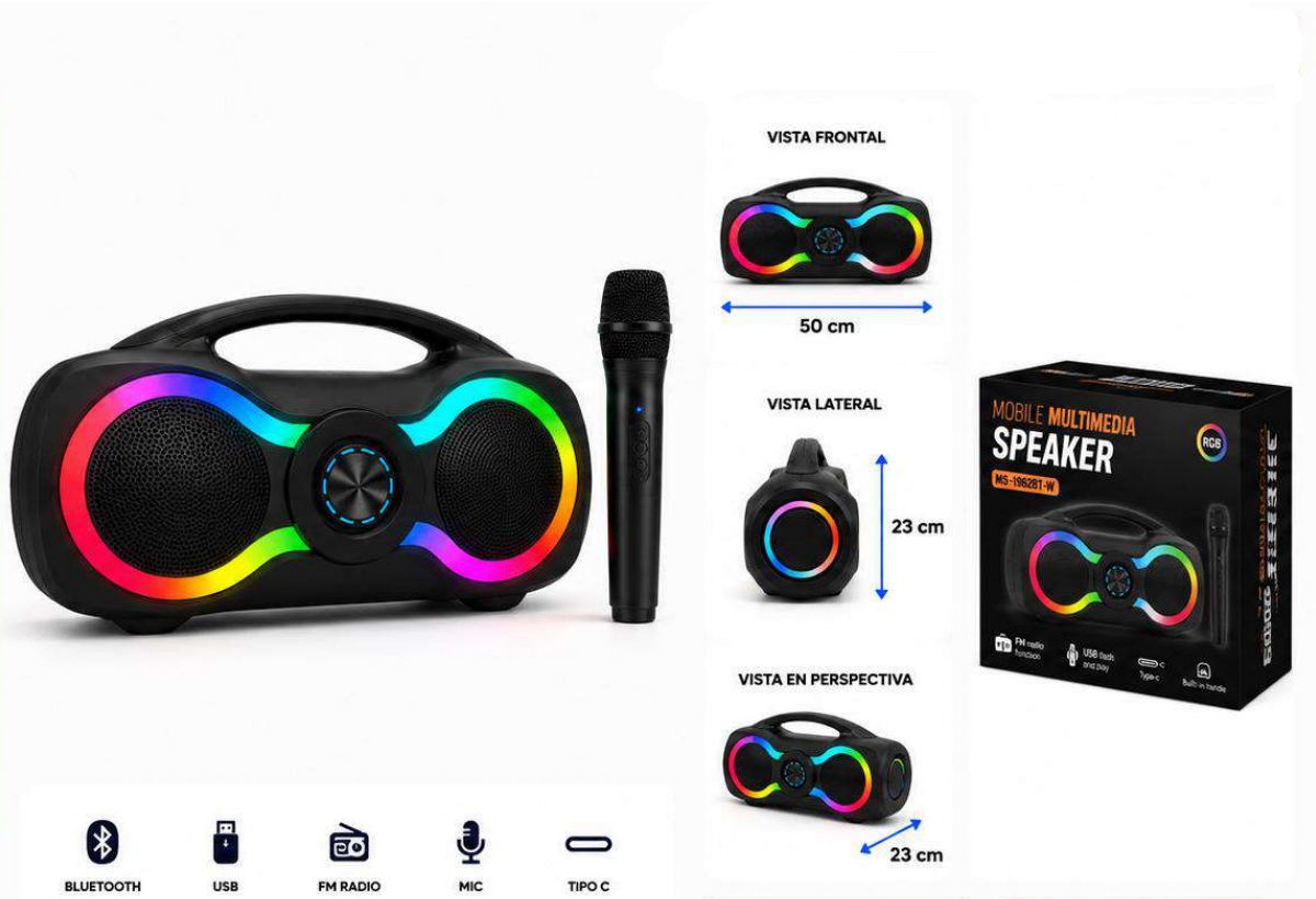 Parlante Bluetooth Portátil Doble 6.5 Pulgadas RGB MS-1962BT-W