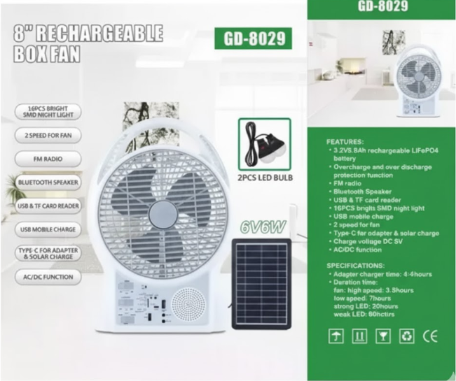 Ventilador Recargable Multifuncional Con Panel Solar Gd-8029