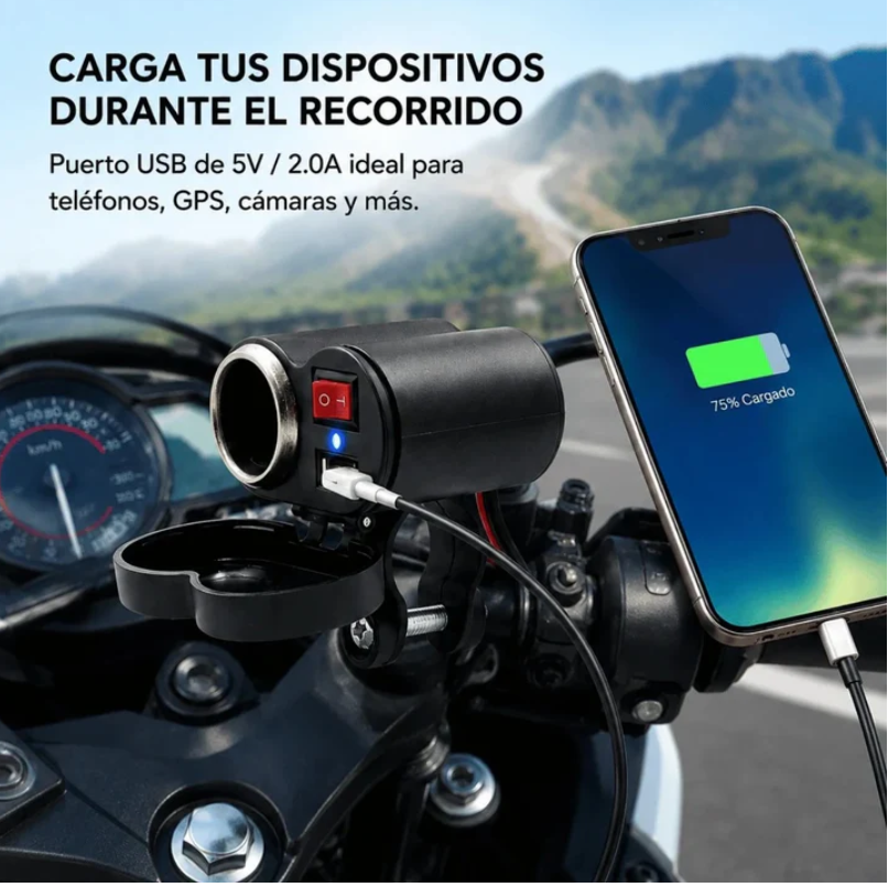 Cargador Para Motocicleta Baihuo City Con Puerto USB Y Encendedor 12V MY-7804