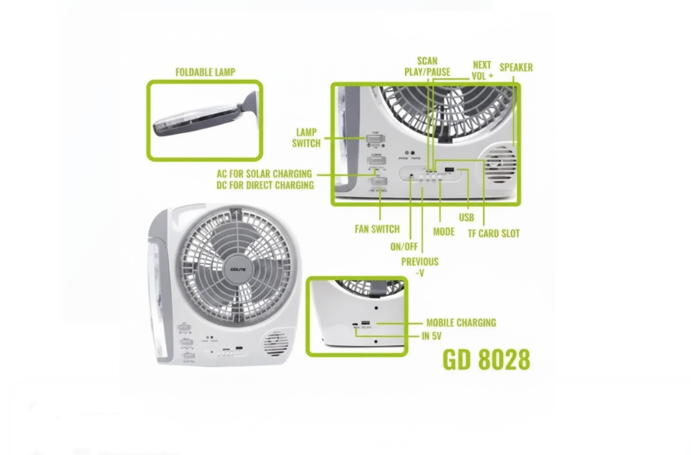 Ventilador Recargable Multifuncional Con Panel Solar Gd-8028