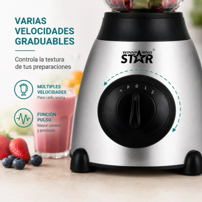 Licuadora 2 En 1 Winning Star 1.5L Con Triturador Y Vaso De Vidrio ST-2081