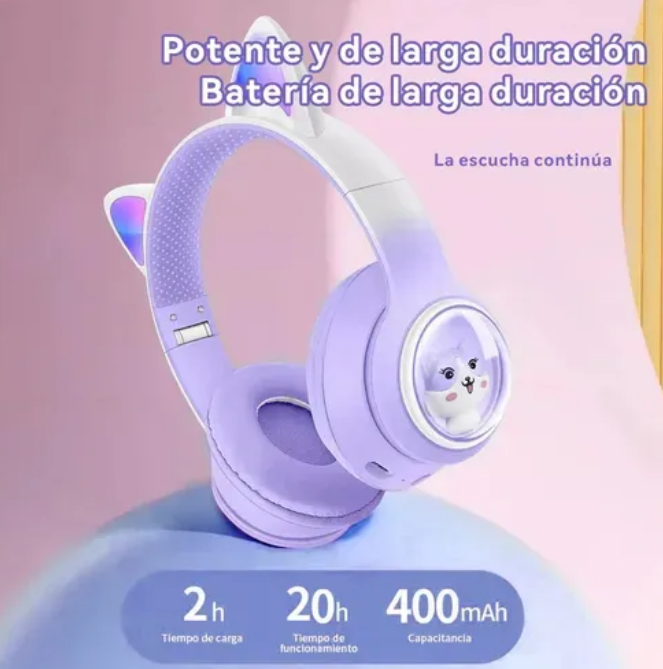 Audífonos Diadema Inalámbricos Led Con Diseño De Gato AKZ02