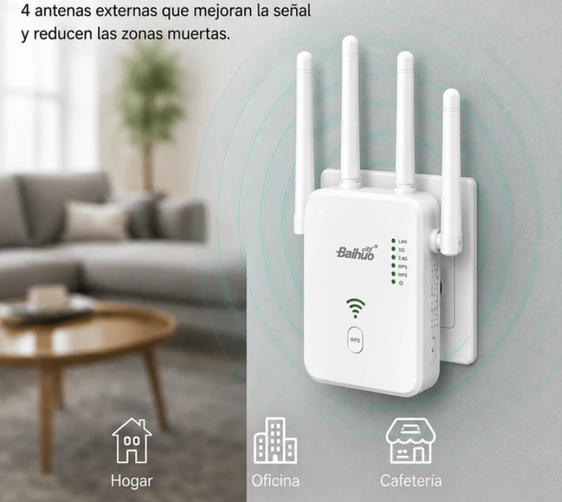 Repetidor WiFi 300Mbps Con 4 Antenas Y Modo Router Baihuo City MY-7601