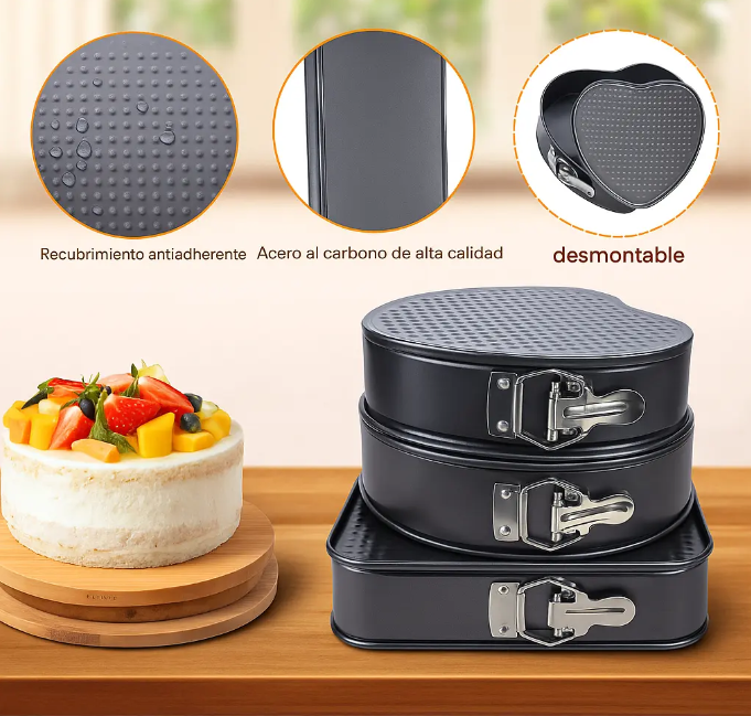 Set de Molde Repostería X3 Piezas Para Tortas Antiadherente Y Desmontable