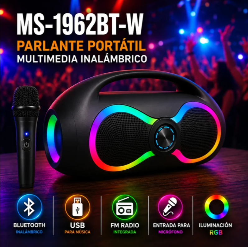 Parlante Bluetooth Portátil Doble 6.5 Pulgadas RGB MS-1962BT-W