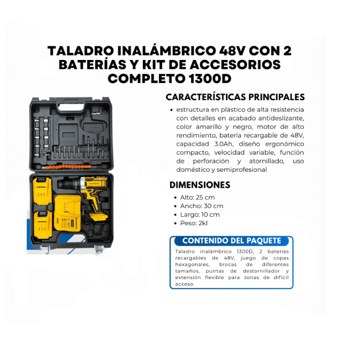 Taladro Percutor Inalámbrico 48V Con 2 Baterías Y Kit De Accesorios 1300Df