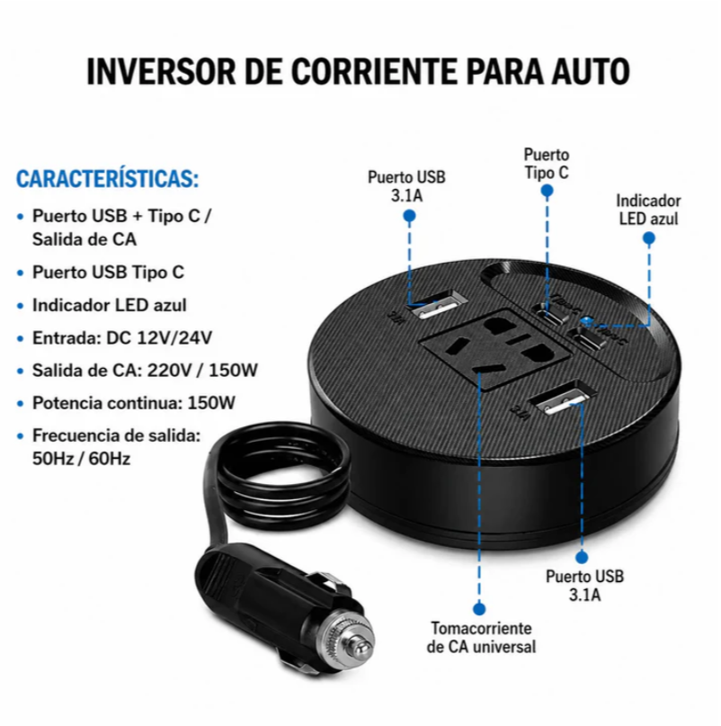 Inversor De Corriente Automotriz 150W Con USB Y Tipo C Baihuo City MY-7426