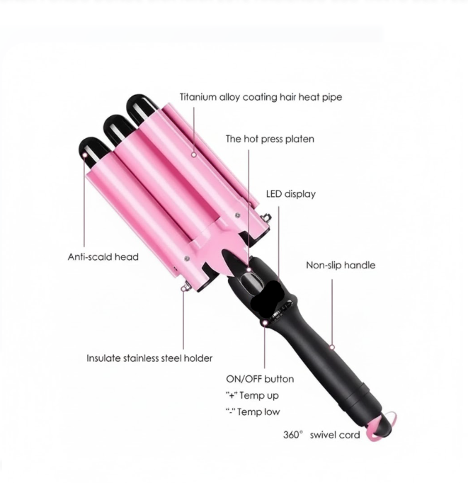 Plancha Rizadora De Sirena-Onduladora De Cabello 3 Tubos Rosada