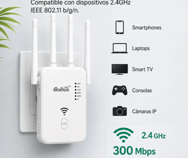 Repetidor WiFi 300Mbps Con 4 Antenas Y Modo Router Baihuo City MY-7601