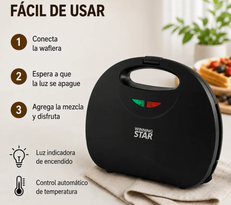 Waflera Winning Star Con Placas Antiadherente Dobles y Potencia 750w ST-2121