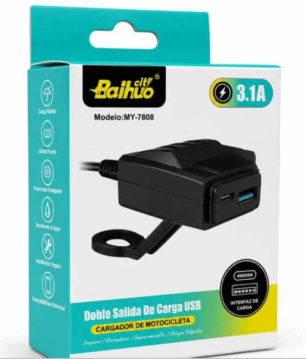 Cargador Para Motocicleta Baihuo City Con Puerto USB Y Tipo C MY-7808